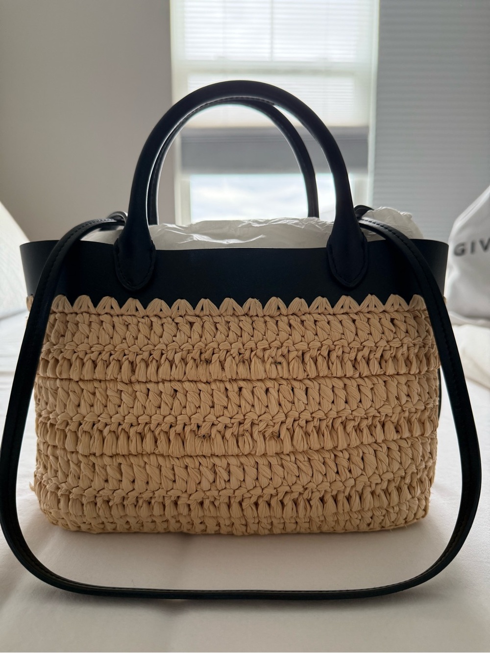 Prada Raffia Straw Tote with Black Leather Trim and Logo - Picture 2 of 5